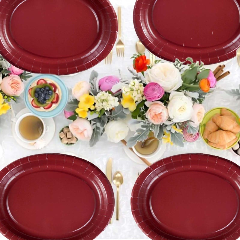 Grencian 50Pcs Burgundy Oval Paper Plates 10"" x 12"" Large Disposable Heavy Duty Maroon Wine Dark Red Dessert Plates Graduation Paper Platters for Congrats Grad Wedding Bridal Shower Party Supplies Decorations - Image 5