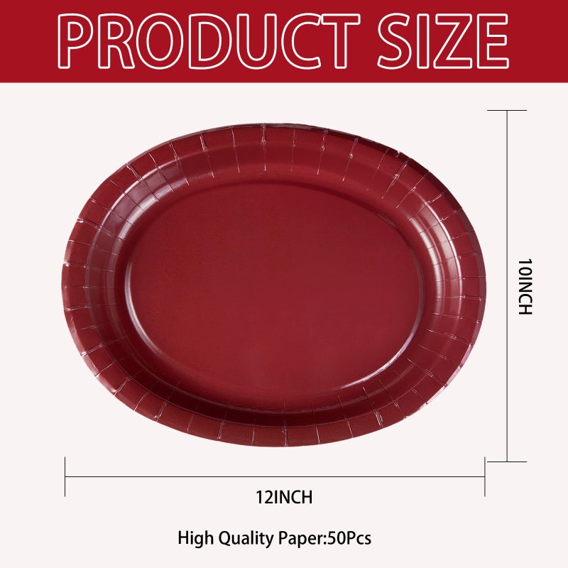 Grencian 50Pcs Burgundy Oval Paper Plates 10"" x 12"" Large Disposable Heavy Duty Maroon Wine Dark Red Dessert Plates Graduation Paper Platters for Congrats Grad Wedding Bridal Shower Party Supplies Decorations - Image 2