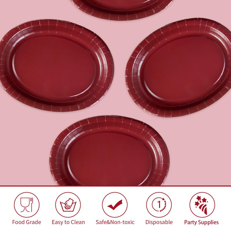 Grencian 50Pcs Burgundy Oval Paper Plates 10"" x 12"" Large Disposable Heavy Duty Maroon Wine Dark Red Dessert Plates Graduation Paper Platters for Congrats Grad Wedding Bridal Shower Party Supplies Decorations - Image 4