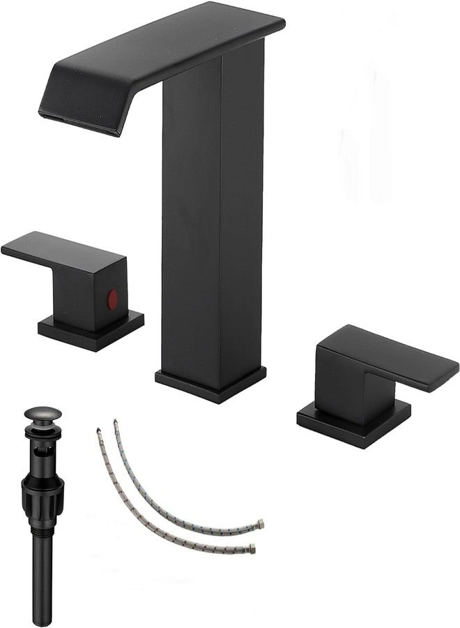 GGStudy Waterfall Bathroom Faucet Matte Black Widespread GGStudy 3 Holes 2 Handle Black Modern Bathroom Sink Faucet with Pop Up Drain - Image 1