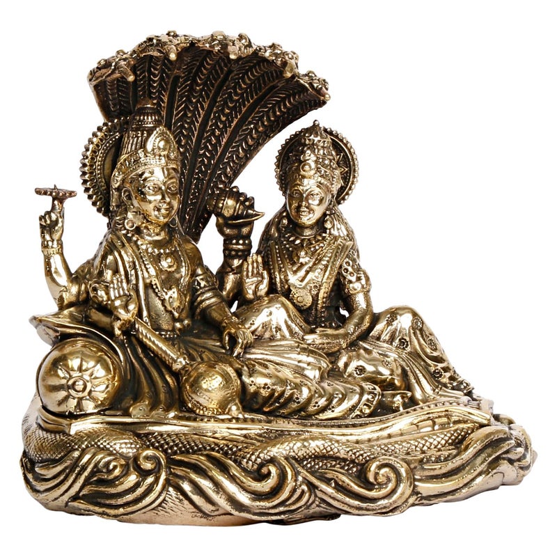Kartique Kartique Brass Lakshmi Vishnu Idol Seated on Lotus Decorative Brass Statue Murti for Home and Temple 4 Inch  - Image 1