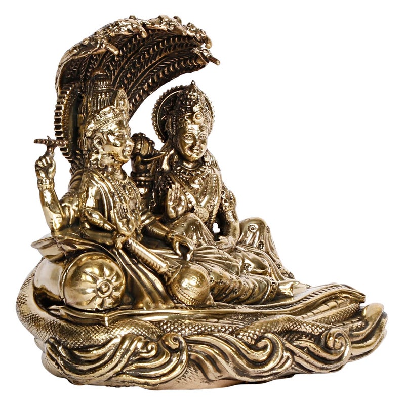 Kartique Kartique Brass Lakshmi Vishnu Idol Seated on Lotus Decorative Brass Statue Murti for Home and Temple 4 Inch  - Image 2