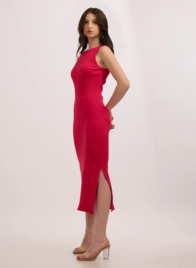 OUTZIDR Pink Ribbed Bodycon Dress with Side Slit