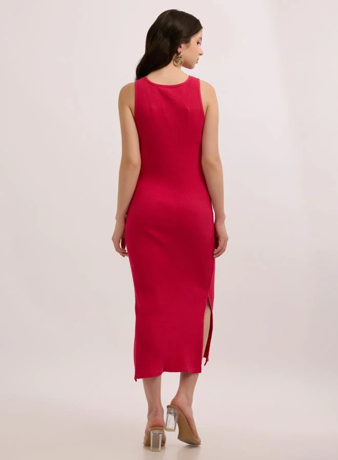 Outzidr  Pink Ribbed Bodycon Dress with Side Slit for Women | Best Price UAE