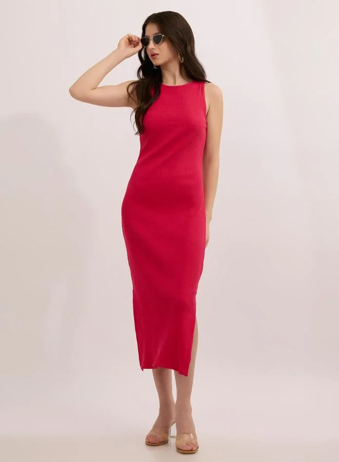 Outzidr  Pink Ribbed Bodycon Dress with Side Slit for Women | Best Price UAE