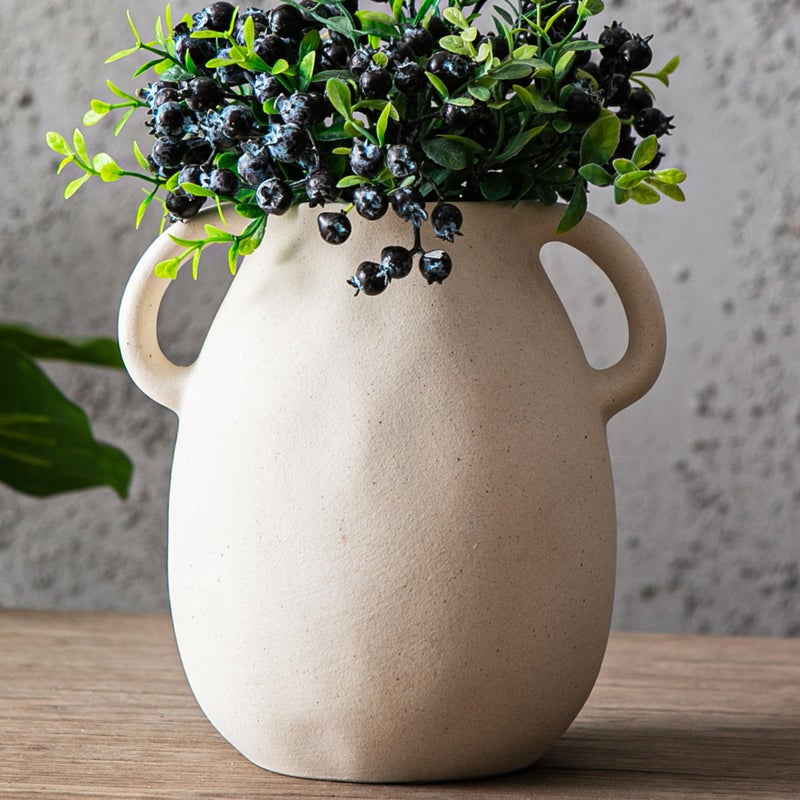 Kimdio White Ceramic Vase with 2 Handles - Sand-Glazed Clay Pottery Vase for Dried Flowers, Rustic Modern Table Decor, Farmhouse Boho Shelf Decoration - Image 1