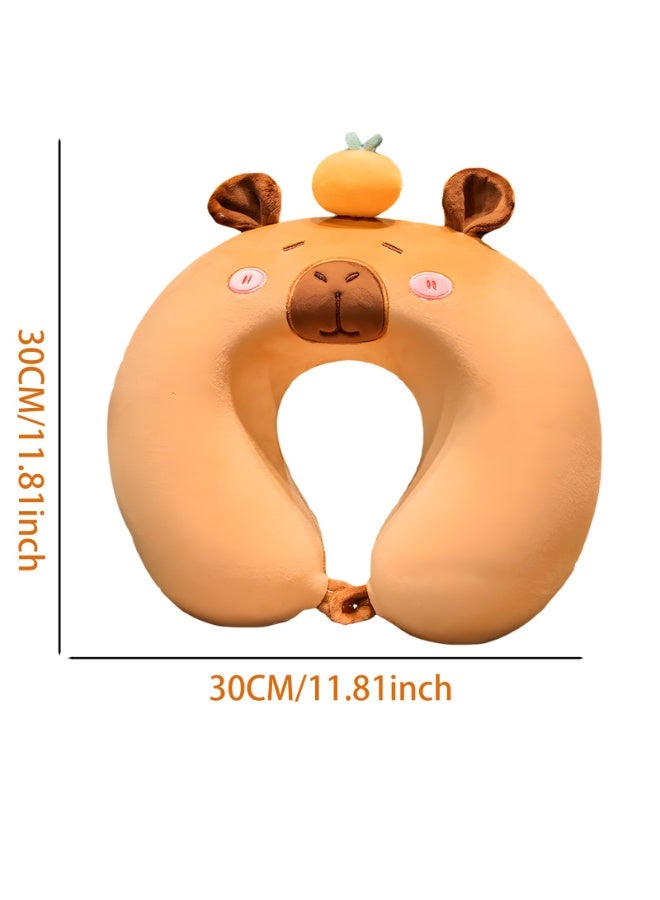 وسادة سفر، وسادة رقبة من إسفنج الذاكرة بتصميم حيوان لطيف مع غطاء قابل للفصل للنوم للأطفال والكبار، وسادة كرتونية محمولة على شكل حرف U للسفر بالطائرة والسيارة (كابيبارا برتقالي) - Image 2