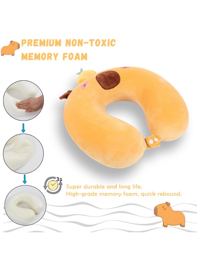 وسادة سفر، وسادة رقبة من إسفنج الذاكرة بتصميم حيوان لطيف مع غطاء قابل للفصل للنوم للأطفال والكبار، وسادة كرتونية محمولة على شكل حرف U للسفر بالطائرة والسيارة (كابيبارا برتقالي) - Image 4