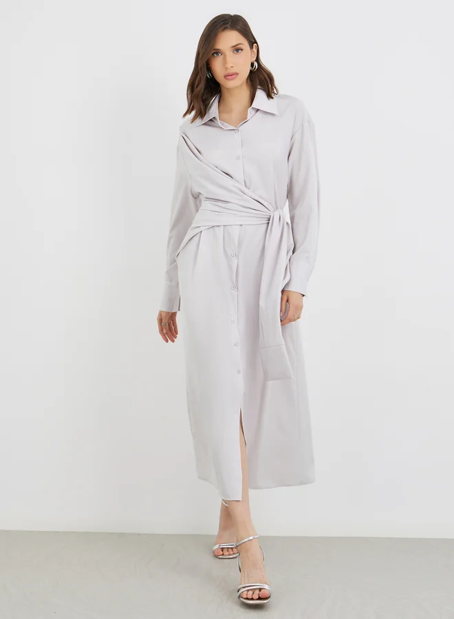تايك تو Take Two Solid Buttoned Spread Collar Midi Dress with Tie-Up Detail
