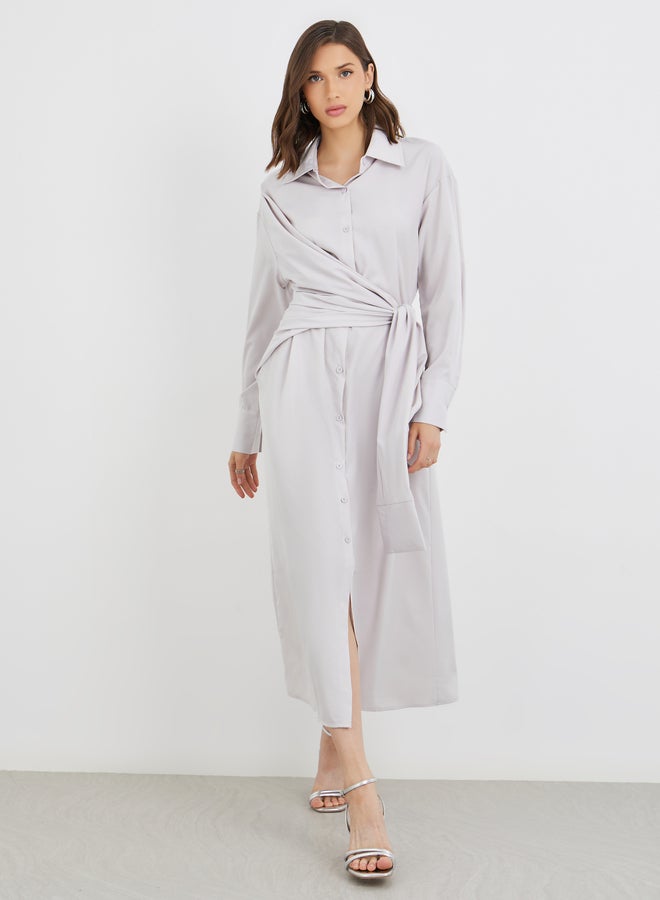 Take Two Solid Buttoned Spread Collar Midi Dress with Tie-Up Detail - Image 2