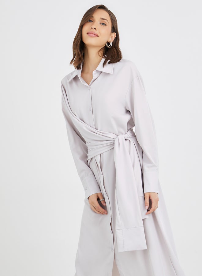 Take Two Solid Buttoned Spread Collar Midi Dress with Tie-Up Detail - Image 3