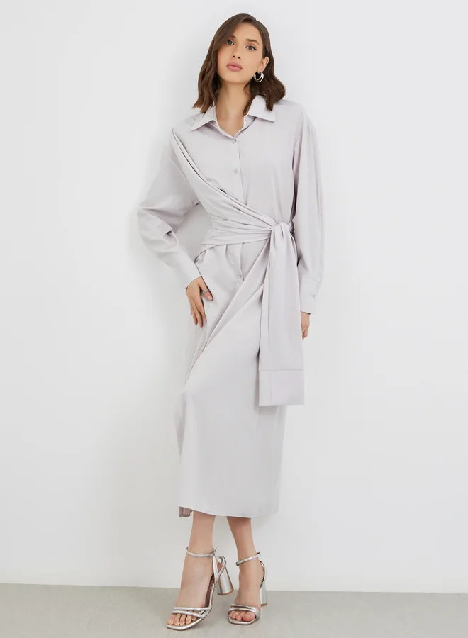 تايك تو Take Two Solid Buttoned Spread Collar Midi Dress with Tie-Up Detail