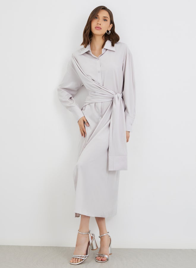 Take Two Solid Buttoned Spread Collar Midi Dress with Tie-Up Detail - Image 1