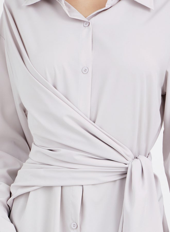 Take Two Solid Buttoned Spread Collar Midi Dress with Tie-Up Detail - Image 4