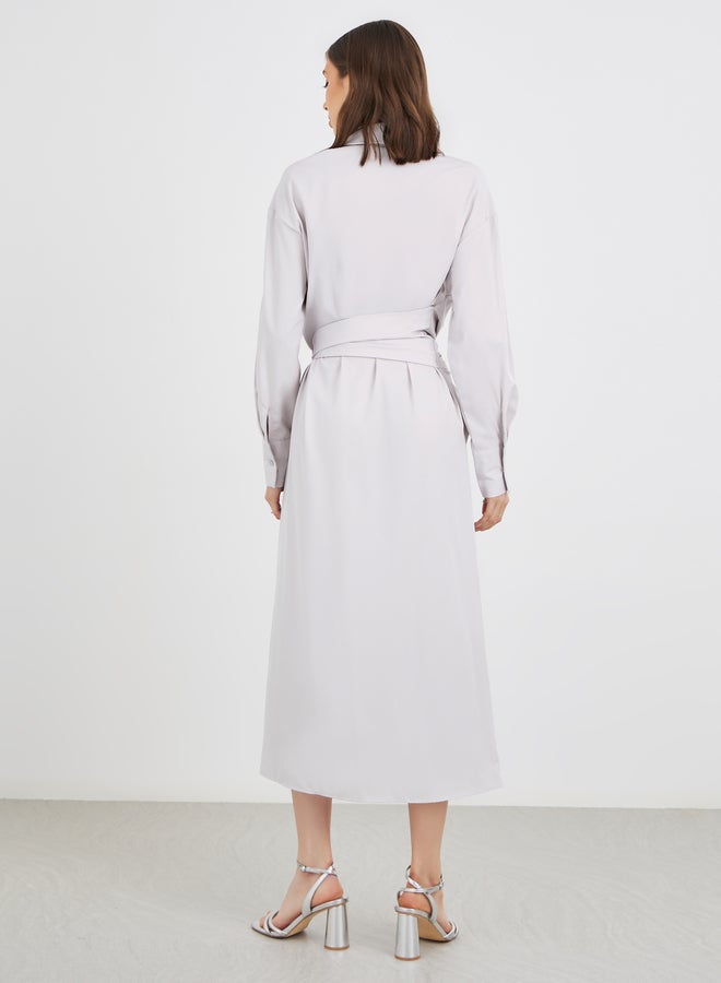 Take Two Solid Buttoned Spread Collar Midi Dress with Tie-Up Detail - Image 5