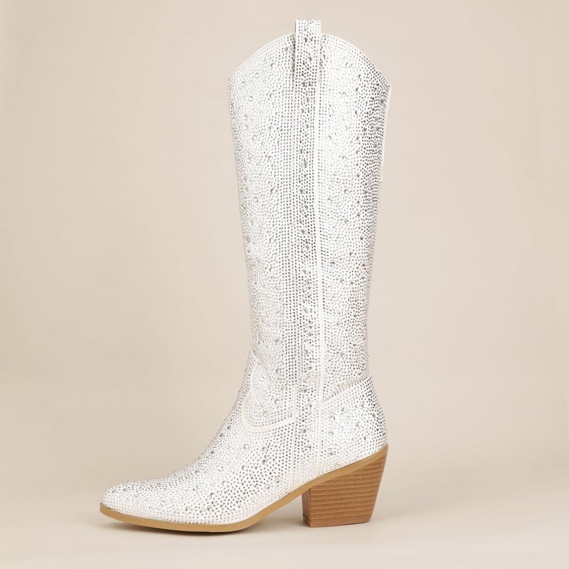 IDIFU IN3 Rhinestone Cowboy Boots for Women Knee High Western Cowgirl Boots Pointed Toe Block Chunky Heels Sparkly Glitter Long Tall Dress Booties Party Bling Shiny Boots(White Rhinestone, 8.5) - Image 5