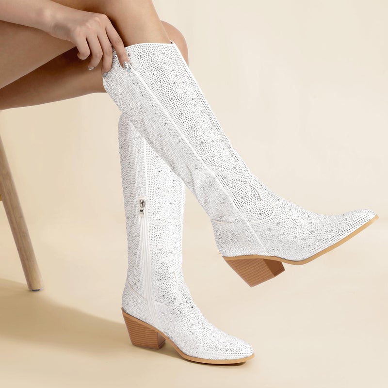 IDIFU IN3 Rhinestone Cowboy Boots for Women Knee High Western Cowgirl Boots Pointed Toe Block Chunky Heels Sparkly Glitter Long Tall Dress Booties Party Bling Shiny Boots(White Rhinestone, 8.5) - Image 2