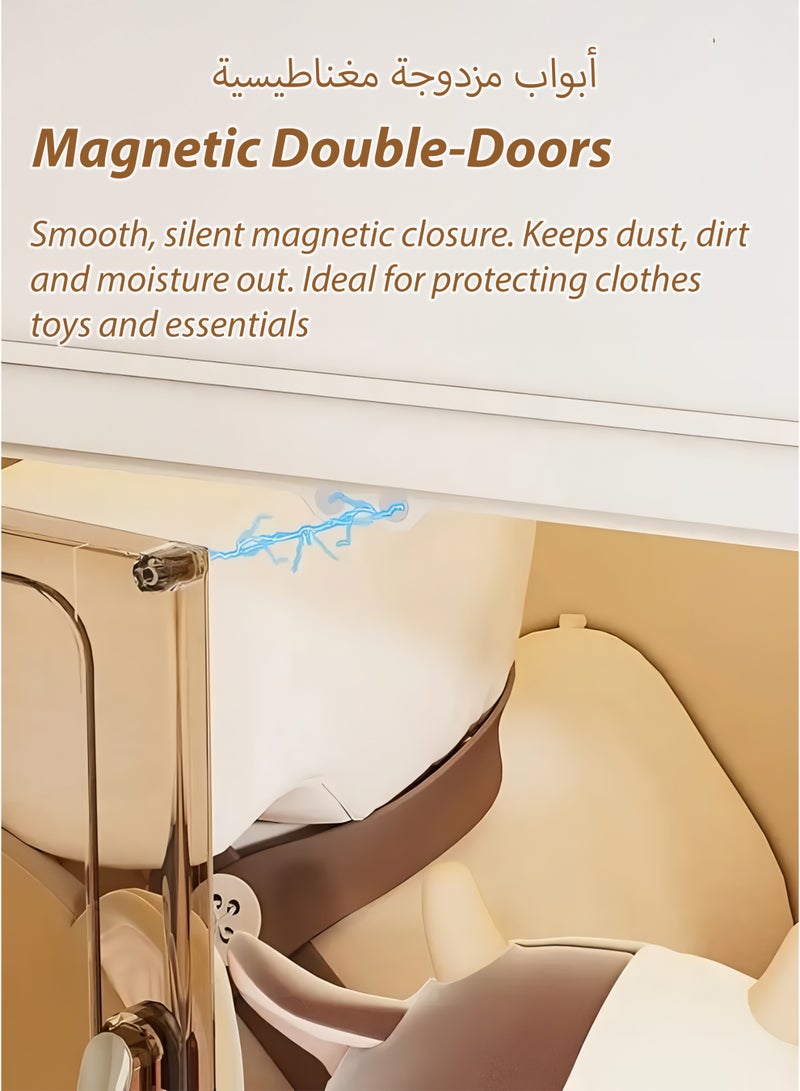 توشيونيكس خزانة تخزين بلاستيكية من 4 طبقات - 68 × 38 × 150 سم - صناديق تخزين محمولة قابلة للطي ومتعددة الطبقات مع عجلات دوارة، منظم ملابس قابل للطي والتكديس مع أبواب مزدوجة مغناطيسية منظم لحاف خزانة بلاستيكي شفاف من الأكريليك مع أغطية آمنة وعجلات قابلة للقفل صندوق تخزين منزلي للملابس والمطبخ والمخازن والأواني وخزانة الألعاب والوجبات الخفيفة - منظم ديكور منزلي ومستلزمات مكتبية وغرفة نوم ومستلزمات الحمام ووسائل الراحة رف تخزين واسع متعدد الاستخدامات - متوفر بأحجام وطبقات مختلفة - Image 4