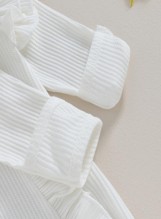 Ayalinggo Newborn Baby Boy Girl Clothes Long Sleeve Ribbed Romper Bodysuit Waffle Knit Outfit Solid Zippers Ruffle Jumpsuit (White with headband, Newborn) - Image 4