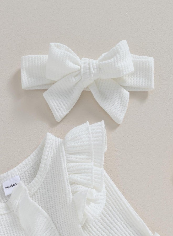 Ayalinggo Newborn Baby Boy Girl Clothes Long Sleeve Ribbed Romper Bodysuit Waffle Knit Outfit Solid Zippers Ruffle Jumpsuit (White with headband, Newborn) - Image 2