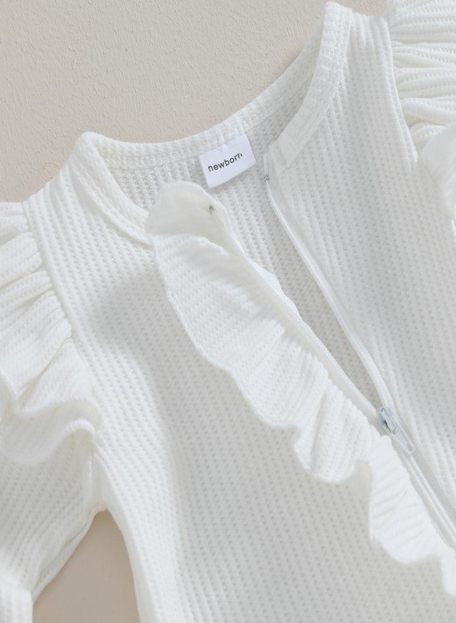 Ayalinggo Newborn Baby Boy Girl Clothes Long Sleeve Ribbed Romper Bodysuit Waffle Knit Outfit Solid Zippers Ruffle Jumpsuit (White with headband, Newborn) - Image 3