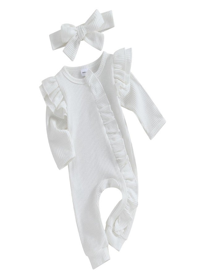 Ayalinggo Newborn Baby Boy Girl Clothes Long Sleeve Ribbed Romper Bodysuit Waffle Knit Outfit Solid Zippers Ruffle Jumpsuit (White with headband, Newborn) - Image 1