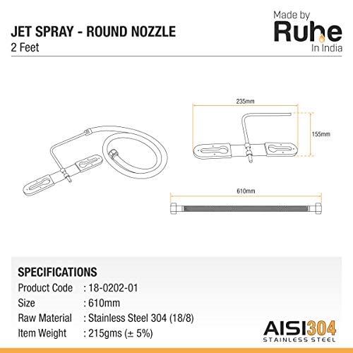 Ruhe® Jet Hands-free Spray | 304 Grade Stainless Steel Toilet Bidet Or Jet Hands-free Spray Round Nozzle, 2 Feet Heavy PVC Hose (Glossy) - Image 2