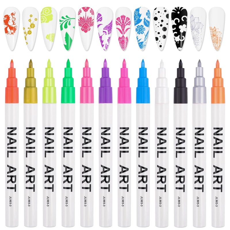 Kalolary 12 Color 3D Nail Art Pens Set Kalolary Nail Point Graffiti Dotting Pen Drawing Painting Liner Brush for DIY Nail Art Beauty Adorn Manicure Tools