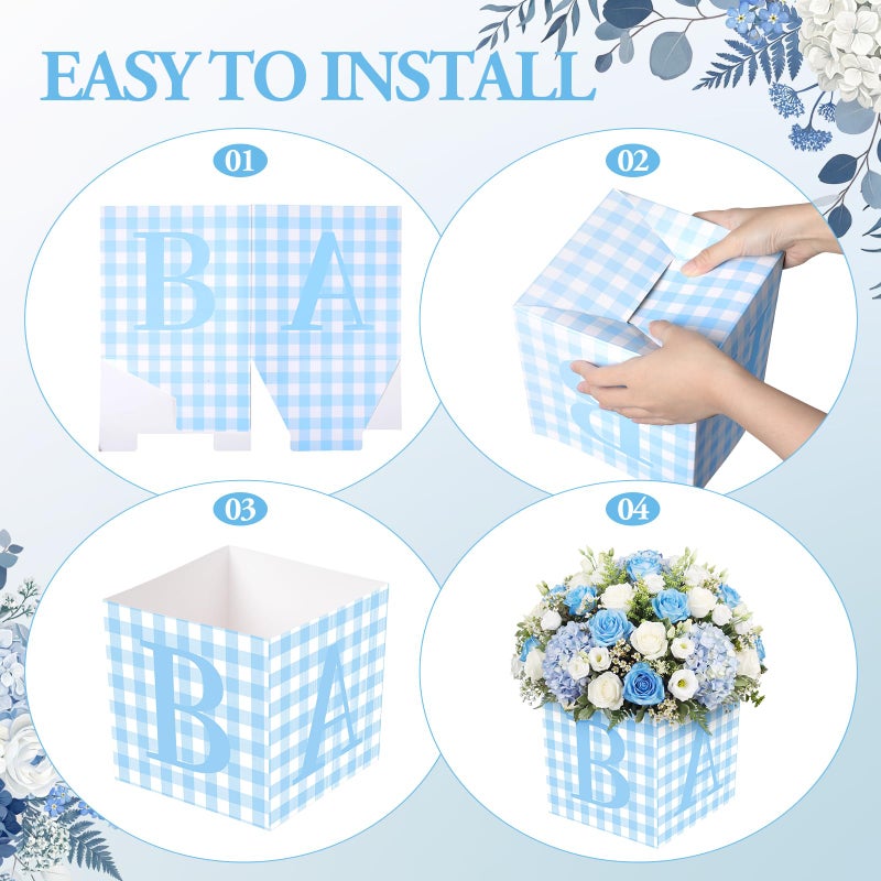 Gilprop 10 Pcs Baby Shower Centerpieces 7 Inch Blue Gingham Baby Shower Flower Boxes with Letters Table Display Cube Planter Plaid Blocks for Gender Reveal Birthday Party Decoration - Image 3