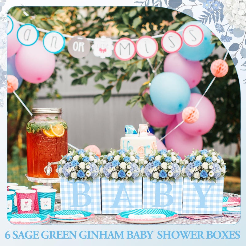 Gilprop 10 Pcs Baby Shower Centerpieces 7 Inch Blue Gingham Baby Shower Flower Boxes with Letters Table Display Cube Planter Plaid Blocks for Gender Reveal Birthday Party Decoration - Image 4