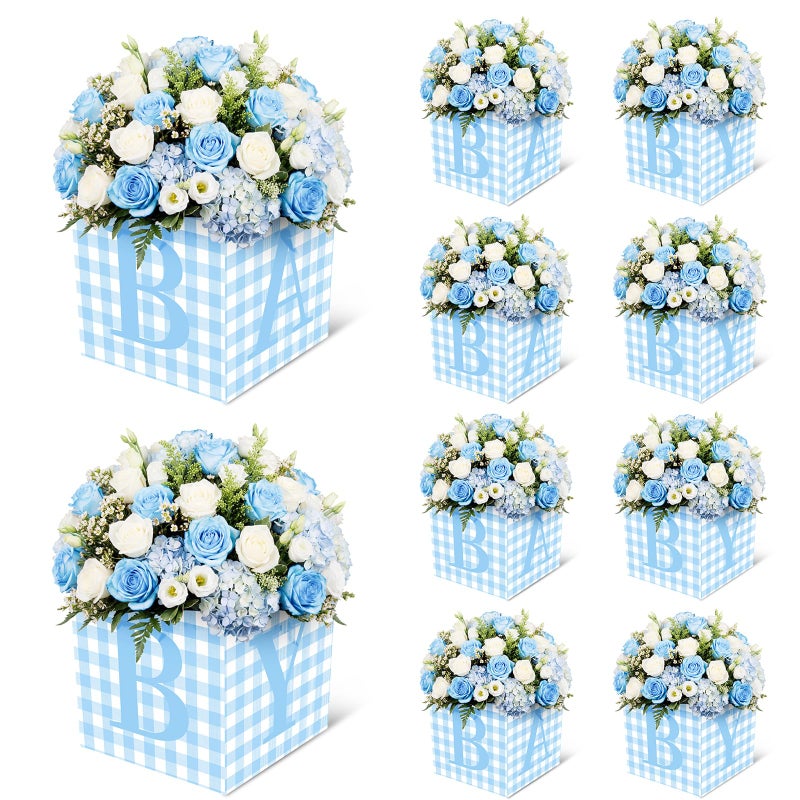 Gilprop 10 Pcs Baby Shower Centerpieces 7 Inch Blue Gingham Baby Shower Flower Boxes with Letters Table Display Cube Planter Plaid Blocks for Gender Reveal Birthday Party Decoration - Image 1