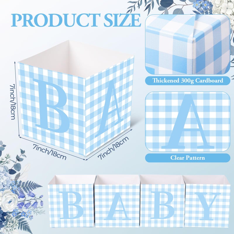 Gilprop 10 Pcs Baby Shower Centerpieces 7 Inch Blue Gingham Baby Shower Flower Boxes with Letters Table Display Cube Planter Plaid Blocks for Gender Reveal Birthday Party Decoration - Image 2