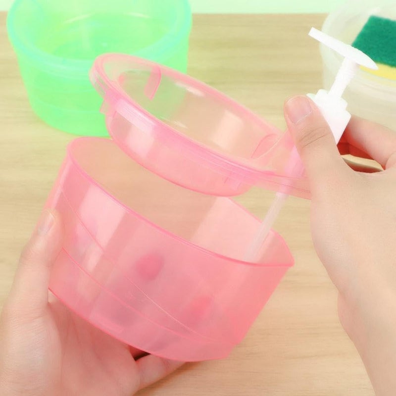 Surfexa 2 in 1 Double Layer Round Liquid soap Dispenser with Pump and Sponge Soap Scrubber Holder Multifunctional Dishwashing Container 1000ml Manual Sink Dish Washing 17 x 16 x 14 CM MultiColor - Image 2
