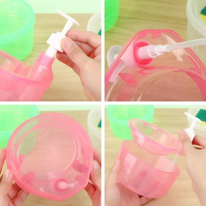 Surfexa 2 in 1 Double Layer Round Liquid soap Dispenser with Pump and Sponge Soap Scrubber Holder Multifunctional Dishwashing Container 1000ml Manual Sink Dish Washing 17 x 16 x 14 CM MultiColor - Image 3