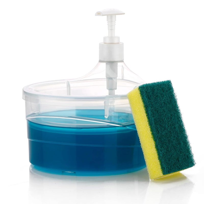 Surfexa 2 in 1 Double Layer Round Liquid soap Dispenser with Pump and Sponge Soap Scrubber Holder Multifunctional Dishwashing Container 1000ml Manual Sink Dish Washing 17 x 16 x 14 CM MultiColor - Image 1