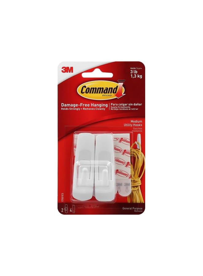 Command Command Utility Medium Hooks White color, 2 hooks + 4 strips/pack | Holds 1.36 kg each hook| Organize | Decoration | No Tools | Holds Strongly | Damage-Free Hanging - Image 2