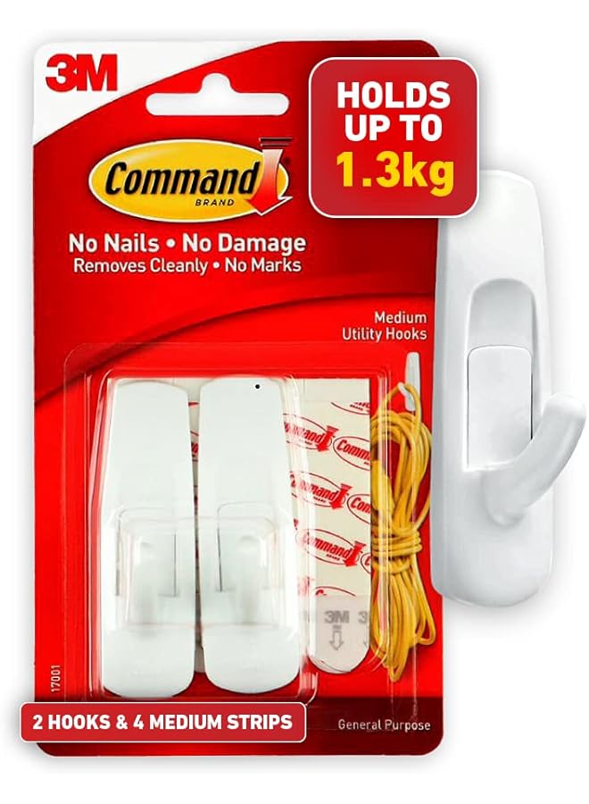 Command Command Utility Medium Hooks White color, 2 hooks + 4 strips/pack | Holds 1.36 kg each hook| Organize | Decoration | No Tools | Holds Strongly | Damage-Free Hanging - Image 1