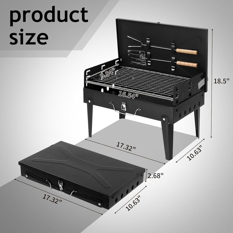 UREVO Portable Charcoal Grill - Outdoor Foldable BBQ Grill with Accessories & Lid for Camping, Picnics, and Parties, Black, 43x26x46cm - Image 2