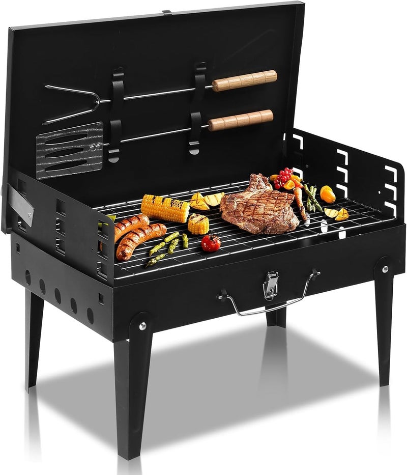 UREVO Portable Charcoal Grill - Outdoor Foldable BBQ Grill with Accessories & Lid for Camping, Picnics, and Parties, Black, 43x26x46cm - Image 1