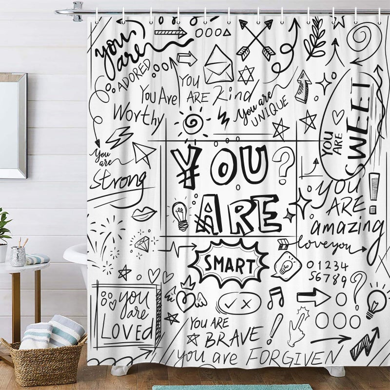 VeiVian Funny Inspirational Shower Curtain Black and White You Are Neutral Abstract Motivational Positive Shower Curtain Set, Cool Teen Kids Boys Girls Graffiti Bathroom Curtain with Hooks, 70X70IN Black - Image 1