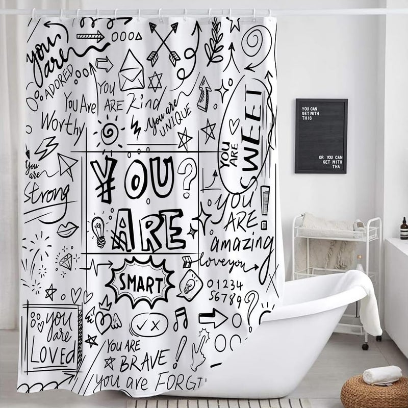VeiVian Funny Inspirational Shower Curtain Black and White You Are Neutral Abstract Motivational Positive Shower Curtain Set, Cool Teen Kids Boys Girls Graffiti Bathroom Curtain with Hooks, 70X70IN Black - Image 4