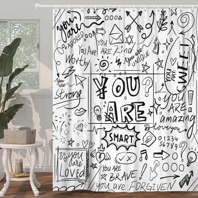 VeiVian Funny Inspirational Shower Curtain Black and White You Are Neutral Abstract Motivational Positive Shower Curtain Set, Cool Teen Kids Boys Girls Graffiti Bathroom Curtain with Hooks, 70X70IN Black - Image 2