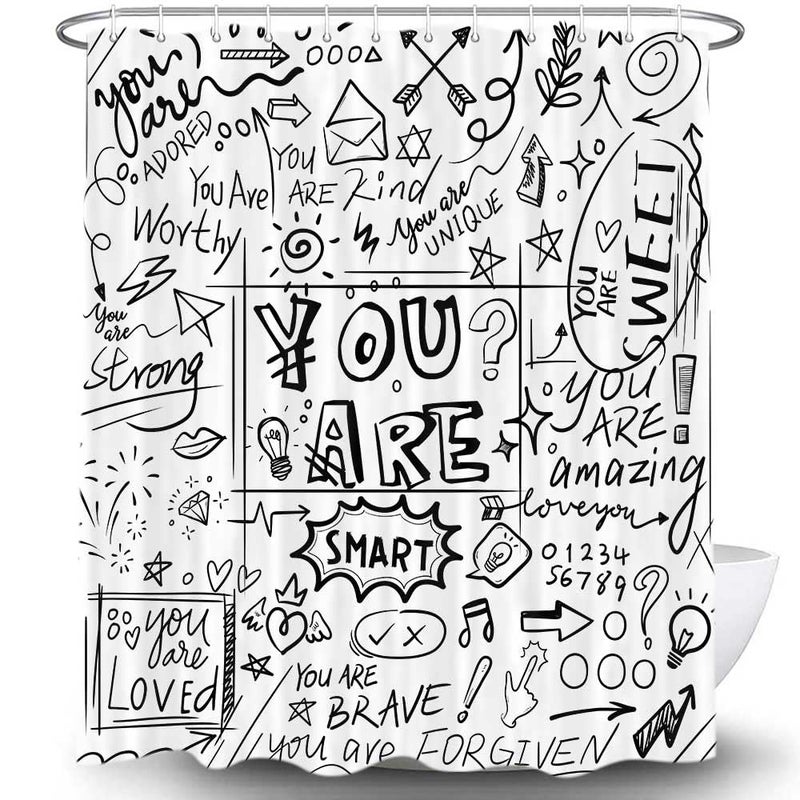 VeiVian Funny Inspirational Shower Curtain Black and White You Are Neutral Abstract Motivational Positive Shower Curtain Set, Cool Teen Kids Boys Girls Graffiti Bathroom Curtain with Hooks, 70X70IN Black - Image 3