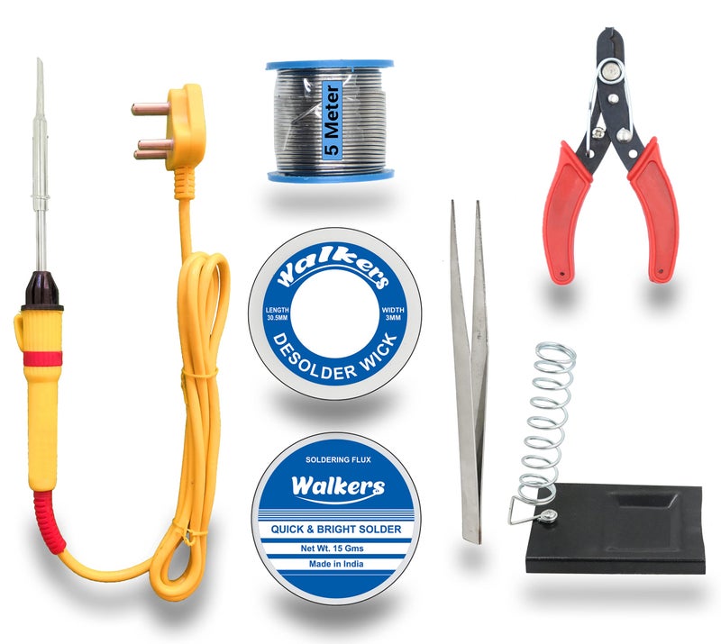 Walker's Walkers BASIC 7IN1 COMPLETE KIT SOLDERING IRON MACHINE TOOL KIT | SOLDER WIRE | STAND | WIRE CUTTER | SOLDERING PASTE FLUX | TWEEZER | DESOLDERING WICK 25 W Simple (Flat Tip) - Image 1