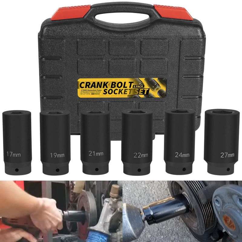 12 Drive Crank Bolt Socket Set 17MM 19MM 21MM 22MM 24MM 27MM Harmonic Balancer Socket Set Crank Bolt Removal Tool 3 Times Momentum Power of Standard Impact Socket Set Deep Impact Socket Set