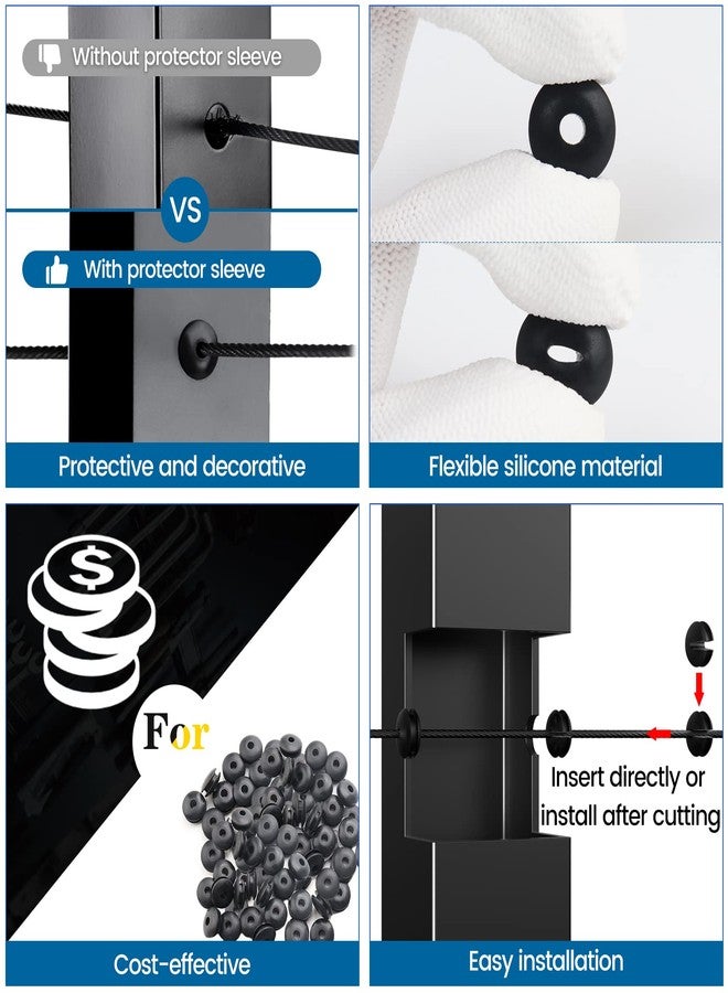 Muzata 100Pack Cable Railing Kit Black Protective Protector Sleeves Grommet Silicone Rubber for 1/8" 5/32" 3/16" Wire Rope PT1 Metal Posts Cable Deck Stair Railing CB29,CP3 - Image 3