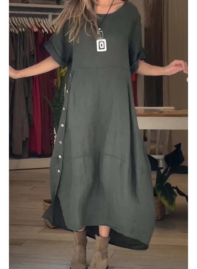 New European And American European And American Summer Wind Loose Casual Solid Color Short-sleeved Cotton And Linen Dress