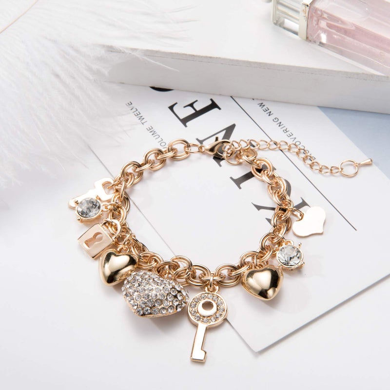 SILANER Gold Chain Link Bracelet - 7"+ 2" Extender 14K Gold Plated Love Locked Bracelets for Women,with Crystal, Love Heart,Key, Lock, Charm Bracelet - Image 4