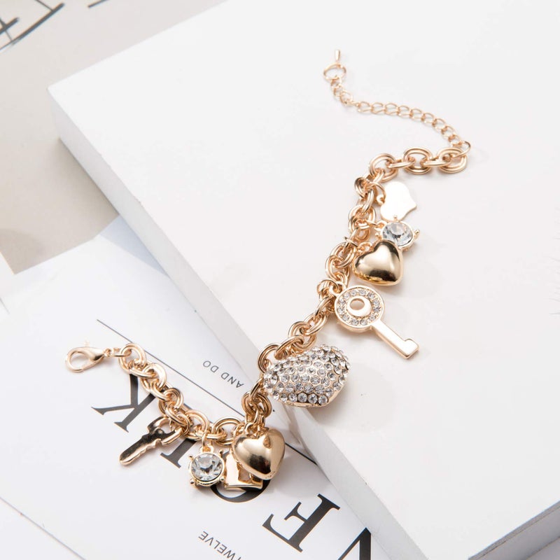 SILANER Gold Chain Link Bracelet - 7"+ 2" Extender 14K Gold Plated Love Locked Bracelets for Women,with Crystal, Love Heart,Key, Lock, Charm Bracelet - Image 5