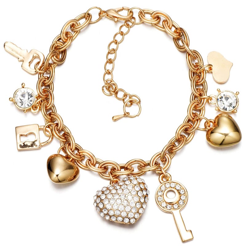 SILANER Gold Chain Link Bracelet - 7"+ 2" Extender 14K Gold Plated Love Locked Bracelets for Women,with Crystal, Love Heart,Key, Lock, Charm Bracelet - Image 1